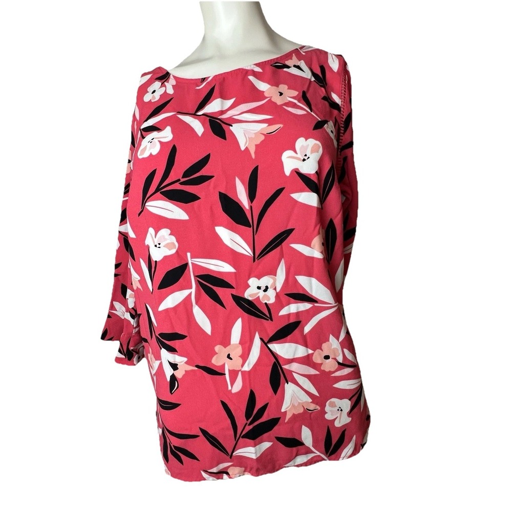 Talbots Blouse Size Small  Pink Black and White Floral Bell Sleeves Side Zip